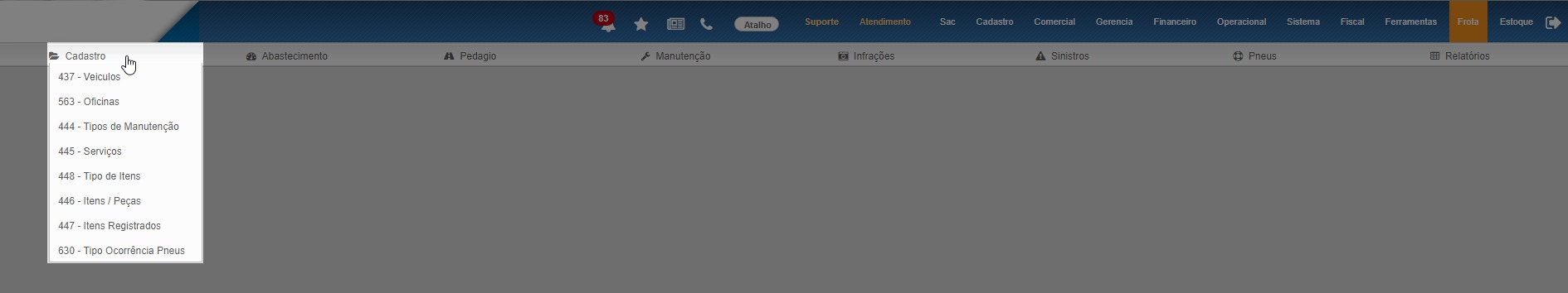 Menu Cadastro do módulo Frota aberto, com os atalhos de veículos, oficinas, tipos de manutenção, serviços, itens e peças