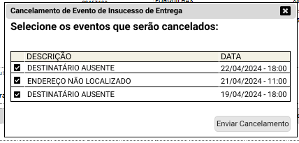 Diálogo de cancelamento listando os eventos 110191 já transmitidos, com descrição e data da tentativa