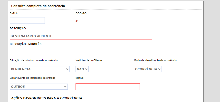 Opção OUTROS selecionada no campo de insucesso de entrega, com o campo Motivo aberto ao lado
