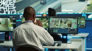 Operador de costas numa central de monitoramento, diante de telas com mapa de ruas e imagens de câmeras de rodovia