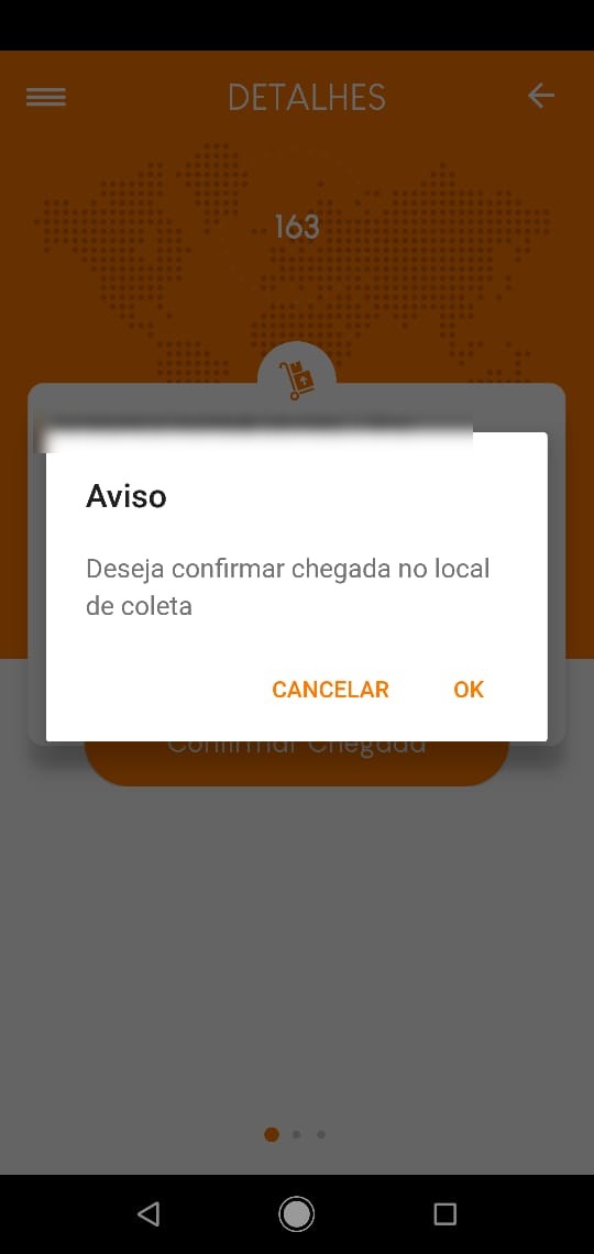 Aplicativo Brudam no celular, aviso perguntando se deseja confirmar a chegada no local de coleta