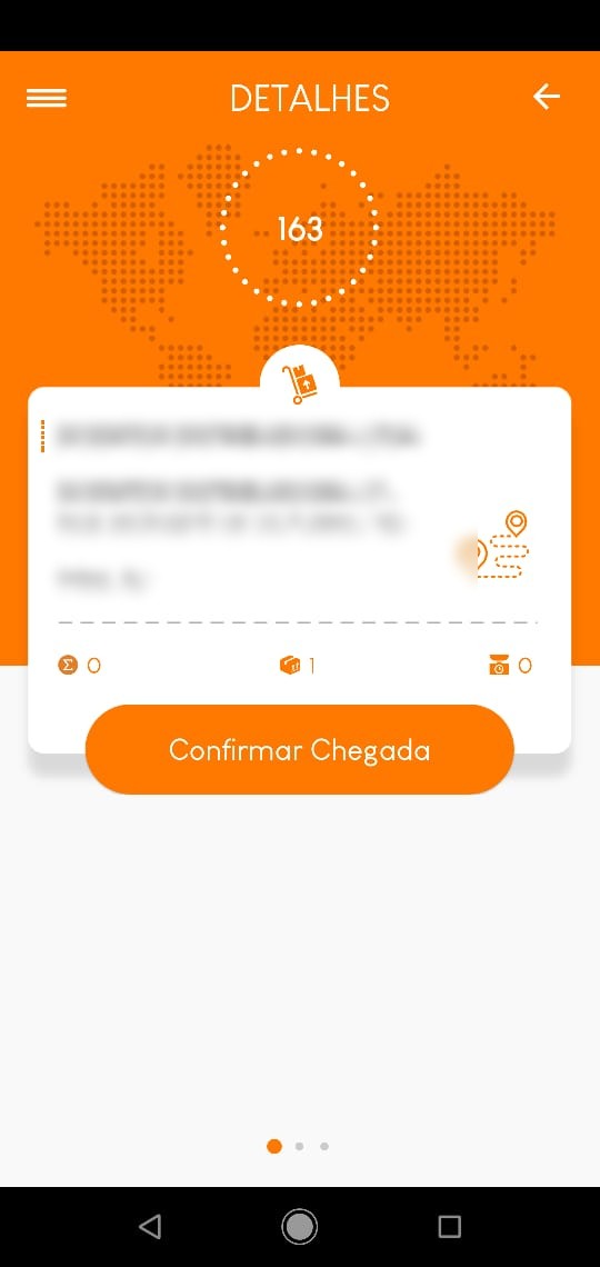Aplicativo Brudam no celular, detalhes da coleta 163 com o botão Confirmar chegada