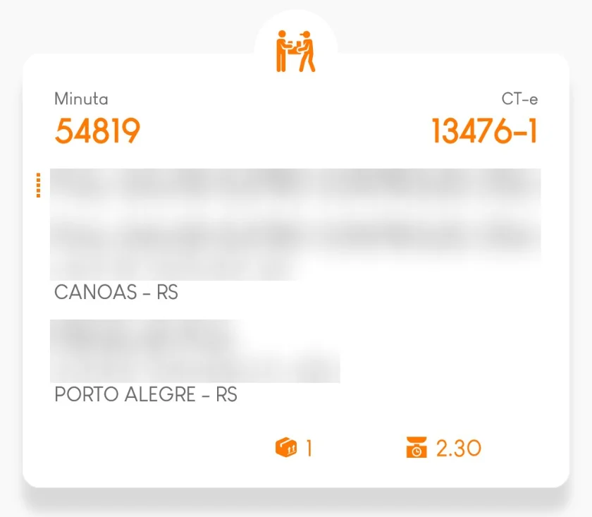 Tela Entregas do aplicativo Brudam com uma entrega pendente: minuta 54819, CT-e 13476-1, de Canoas para Porto Alegre, 1 volume de 2,30 kg, com os nomes borrados