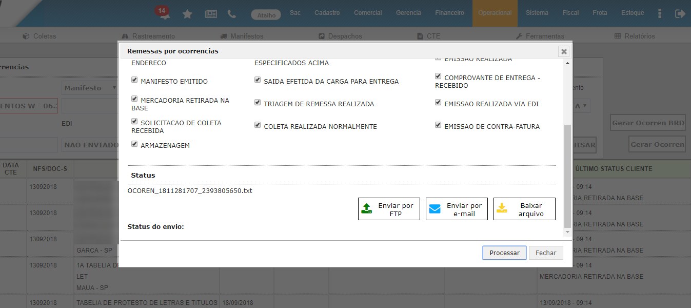 Arquivo OCOREN gerado com as opções Enviar por FTP, Enviar por e-mail e Baixar arquivo