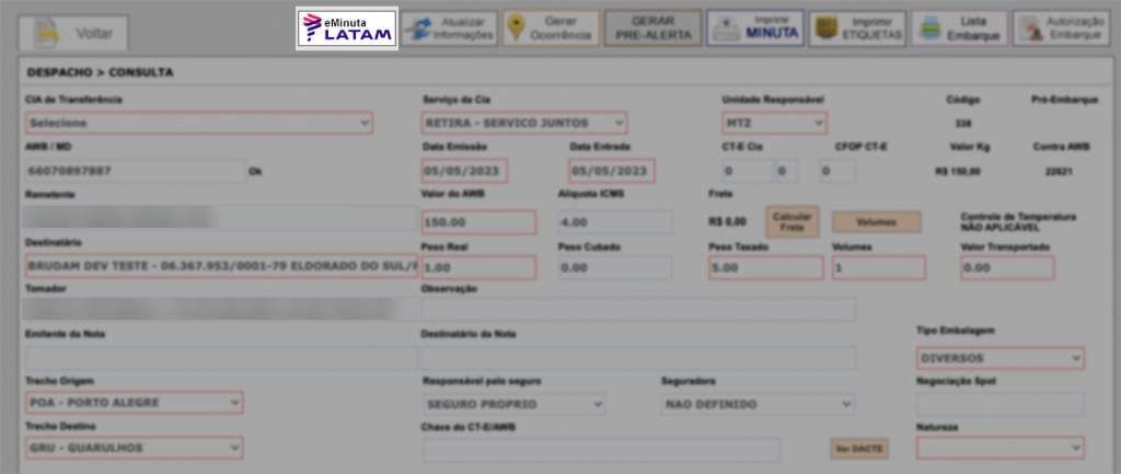 Consulta do despacho com o botão eMinuta LATAM em destaque na barra superior