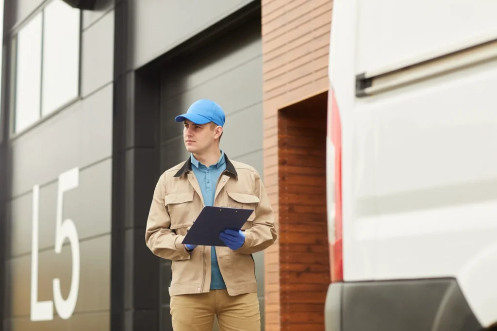 Homem de boné azul e uniforme bege segura uma prancheta e olha para o lado, diante de um portão de doca com o número L5 e ao lado da traseira de uma van branca
