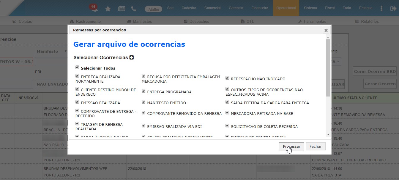 Janela Gerar arquivo de ocorrências com a lista de ocorrências a selecionar e o botão Processar