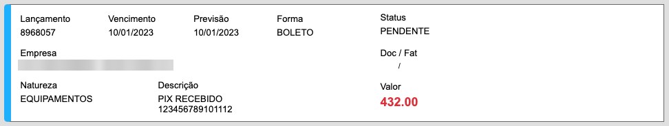 Lançamento já existente no sistema, com status Pendente, empresa, natureza, descrição e valor
