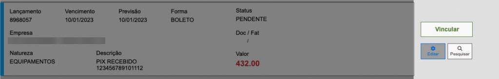 Lançamento pendente com os botões Vincular, Editar e Pesquisar ao lado