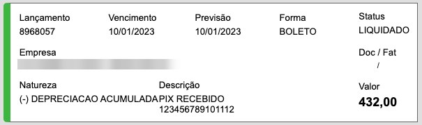 Lançamento vinculado com status Liquidado, empresa, natureza, descrição e valor