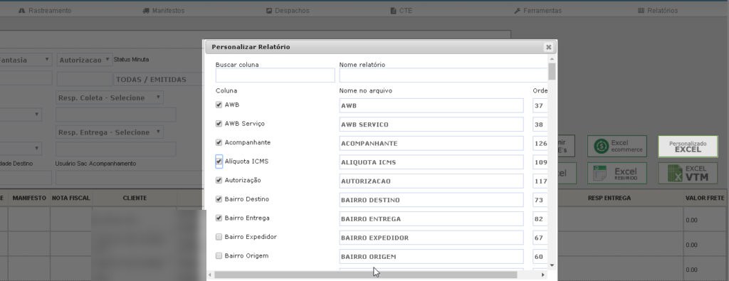 Janela Personalizar Relatório, com busca de coluna, nome do relatório e as colunas a marcar, renomear e ordenar