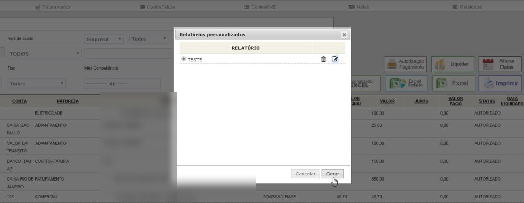 Janela Relatórios personalizados com um relatório salvo e o botão Gerar