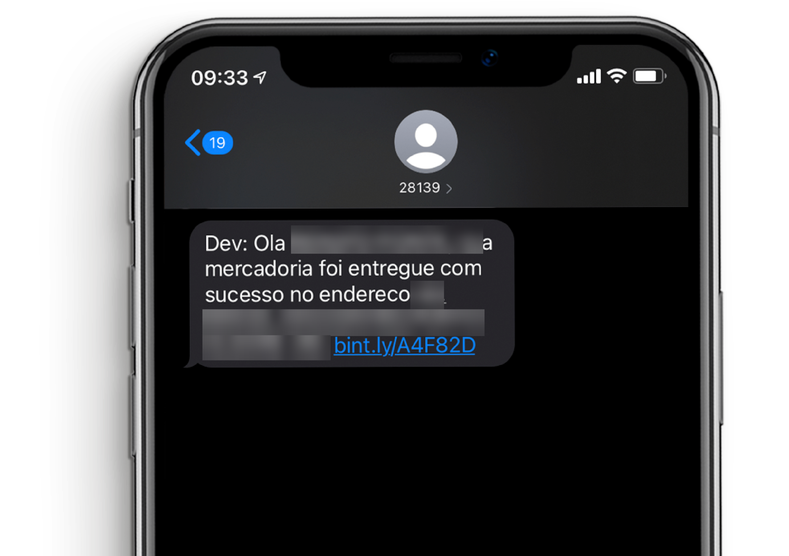 SMS recebido no celular com o nome do destinatário e o endereço da entrega preenchidos pelas tags