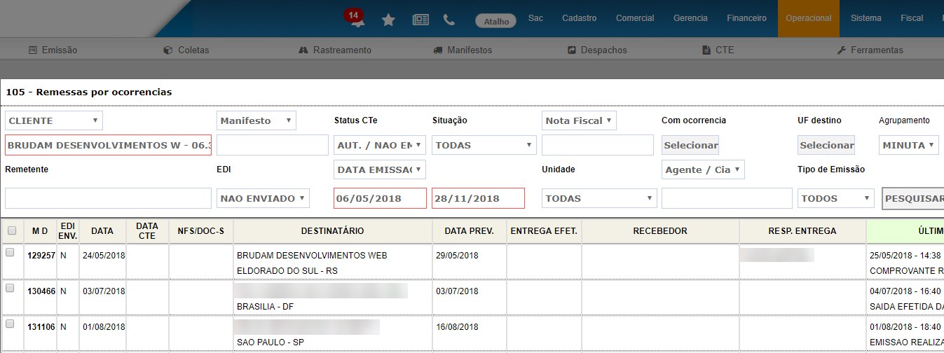 Tela 105 com o cliente e o período preenchidos e a lista de remessas com o último status