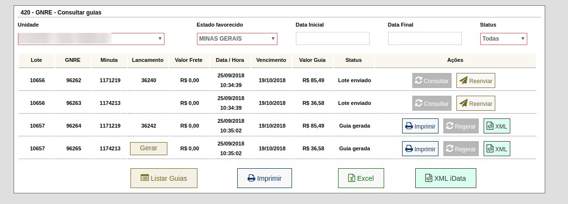 Tela 420 - GNRE - Consultar guias, com o botão Gerar lançamento em uma guia gerada