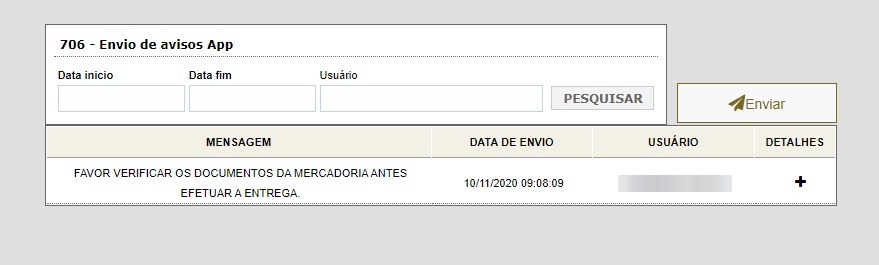 Tela 706 Envio de avisos App listando o aviso enviado, com data de envio, usuário e o botão de detalhes