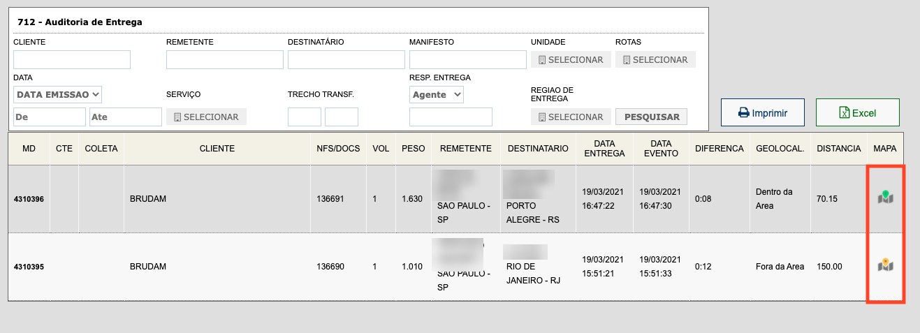 Tela 712 - Auditoria de Entrega com a coluna Mapa em destaque