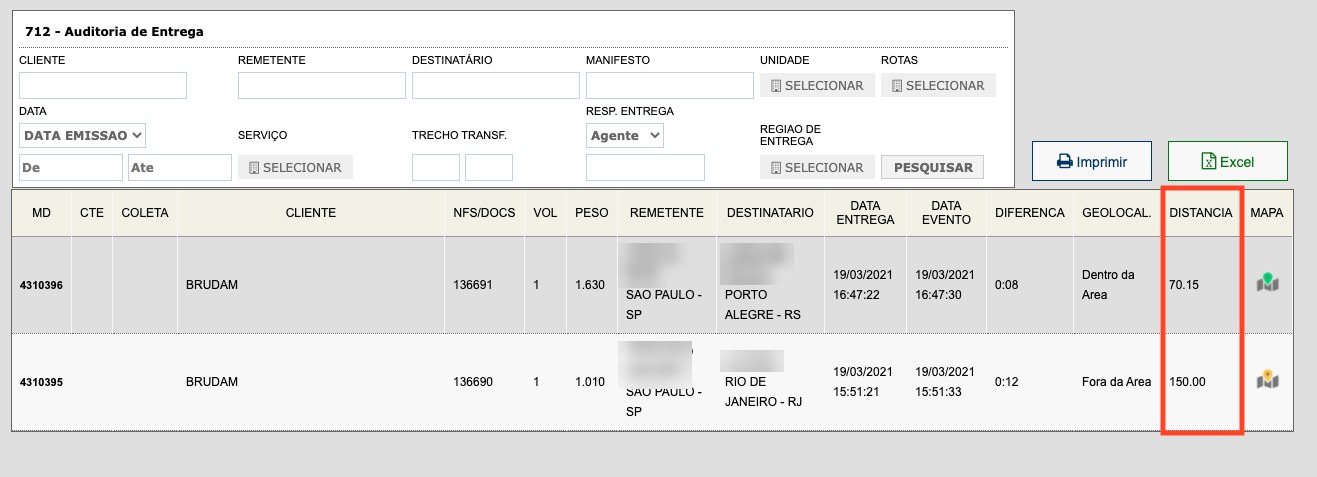 Tela 712 - Auditoria de Entrega com a coluna Distância em destaque