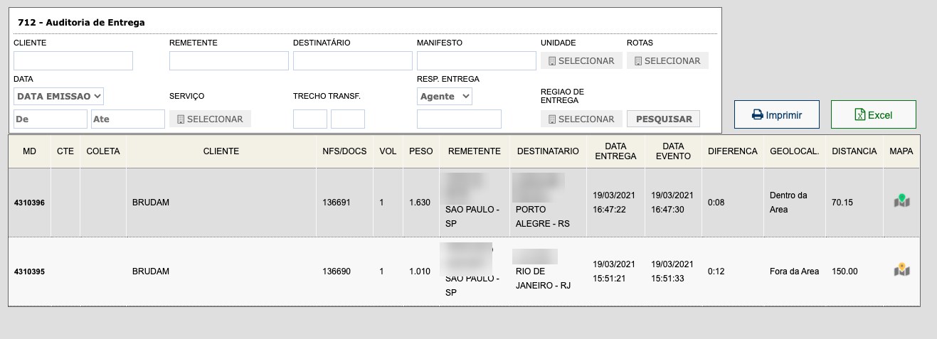 Tela 712 - Auditoria de Entrega com a lista de entregas: data da entrega, data do evento, diferença, geolocalização, distância e o ícone do mapa